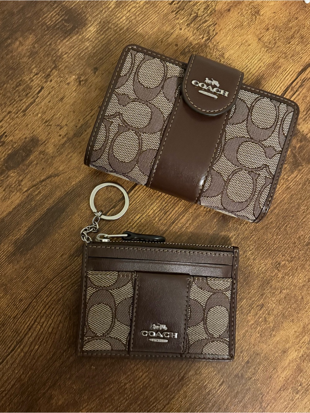 Coach Signature Brown Wallet & Zip Card Holder Keychain Bundle